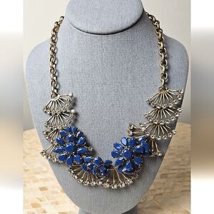 [J. CREW] Vintage Gold Tone Blue Stones Fan Crysral Gemstones Statement Necklace